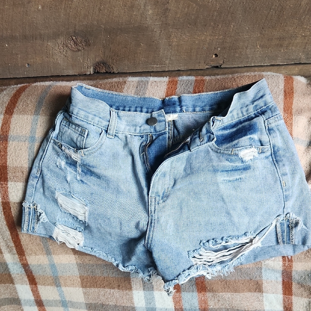 Distressed Light Blue Denim Women Shorts
